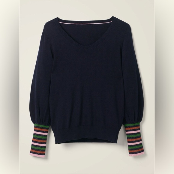 Boden Sweaters - Boden Bernice Jumper Pullover Sweater Metallic Stripe Cuffs Navy Wool Blend 6